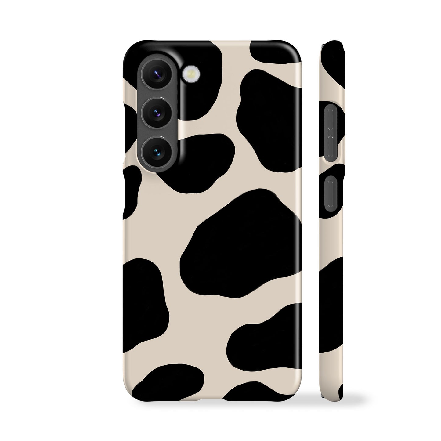 a phone case with a black and white cow pattern