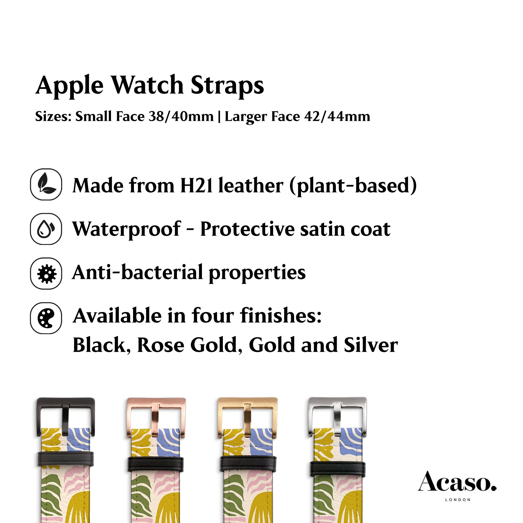 four apple watch straps with different patterns and colors