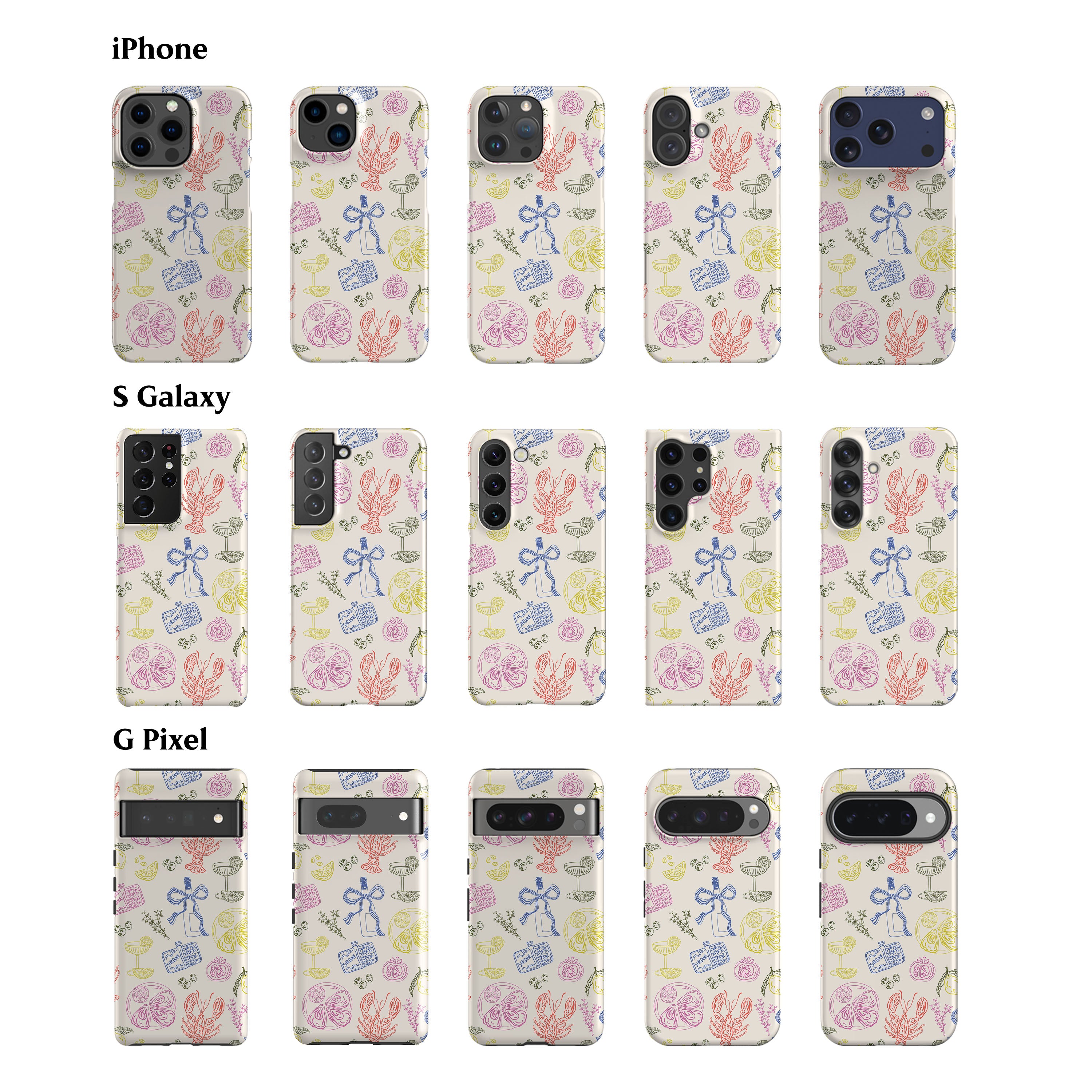 a collection of phone cases with various patterns, including floral designs and geometric shapes. The cases are arranged in rows, showcasing different styles and colors.