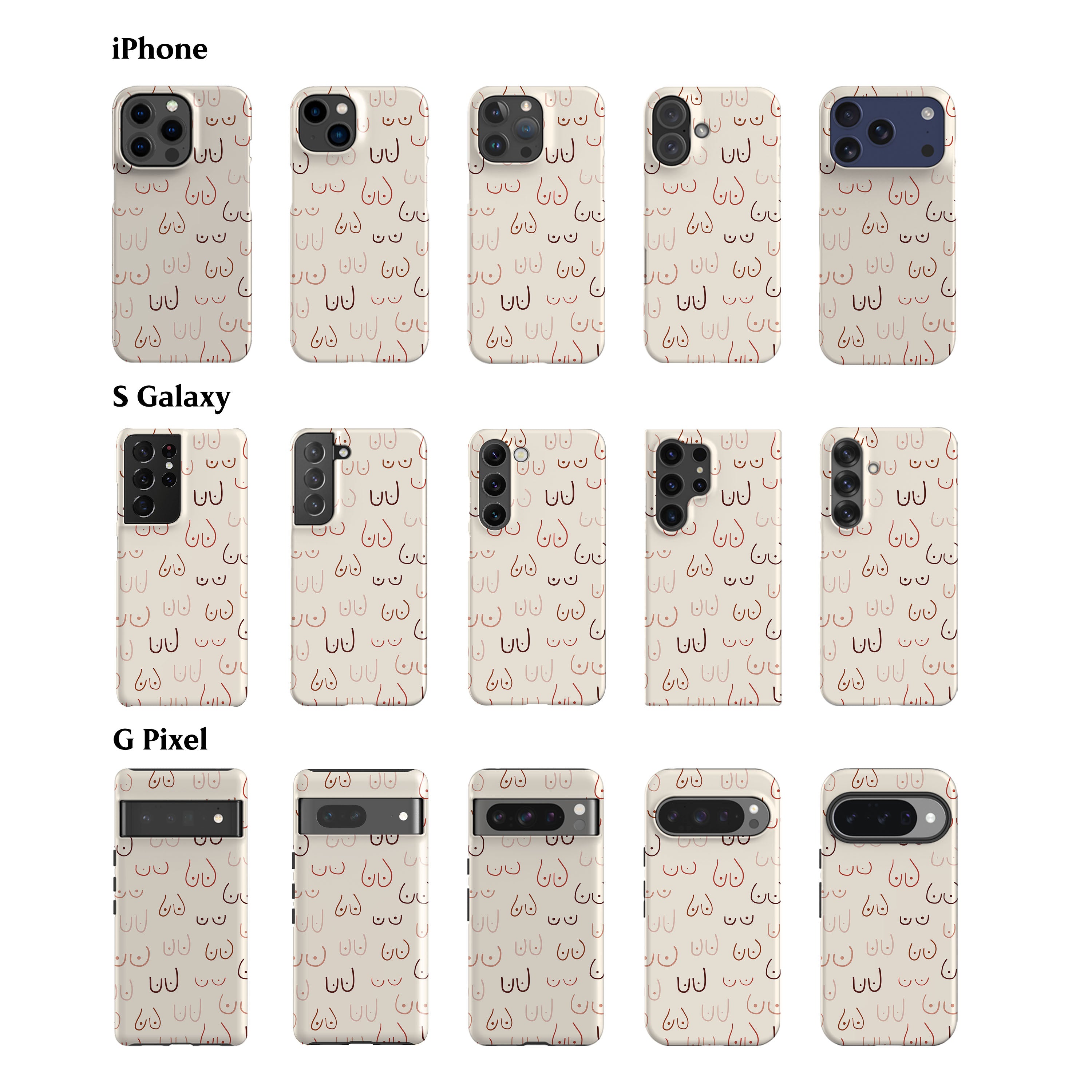 a collection of 12 iPhone and Samsung Galaxy phone cases, each with a unique design featuring a pattern of breasts. The cases are arranged in a grid format, showcasing various sizes and orientations.