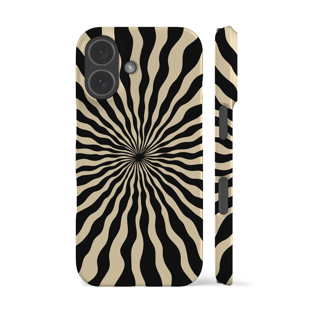 a phone case with a black and white zebra-like pattern, with a central black dot surrounded by radiating black and white stripes.