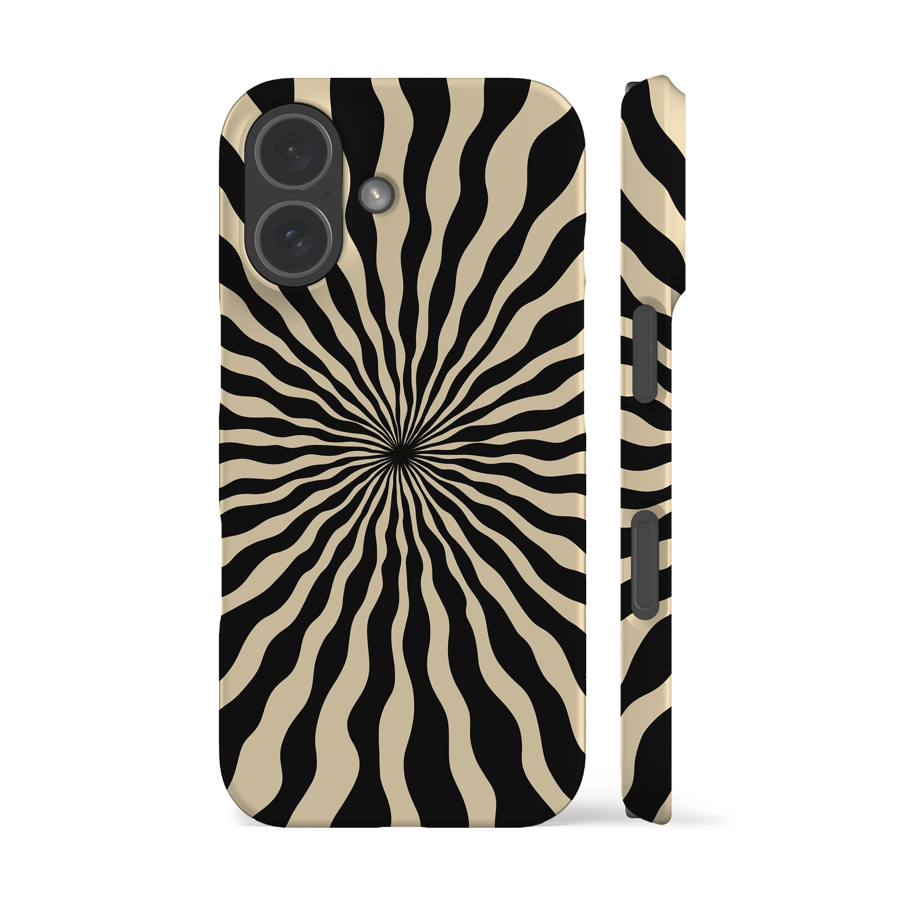 a phone case with a black and white zebra-like pattern, with a central black dot surrounded by radiating black and white stripes.