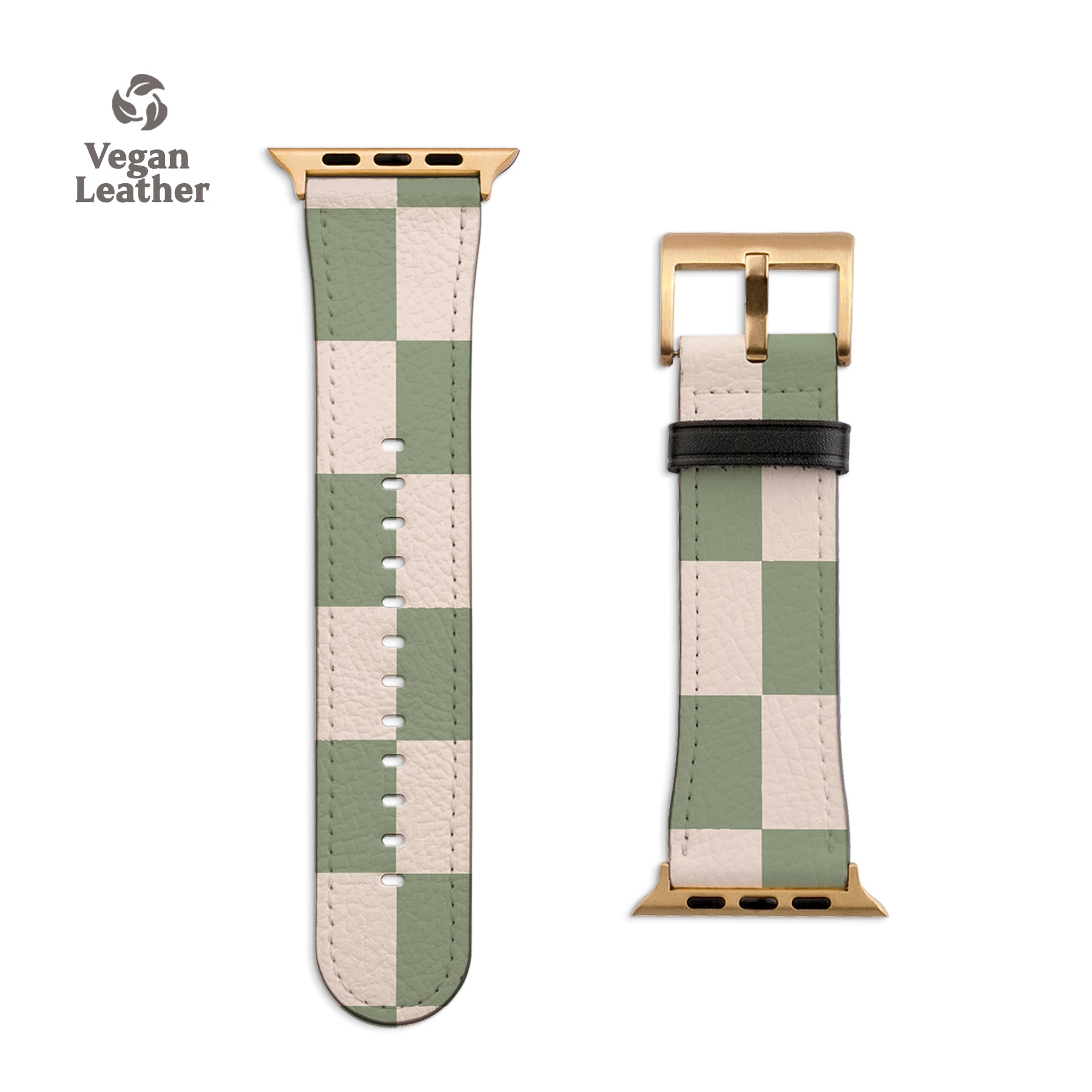 a green and white watch strap with a gold buckle