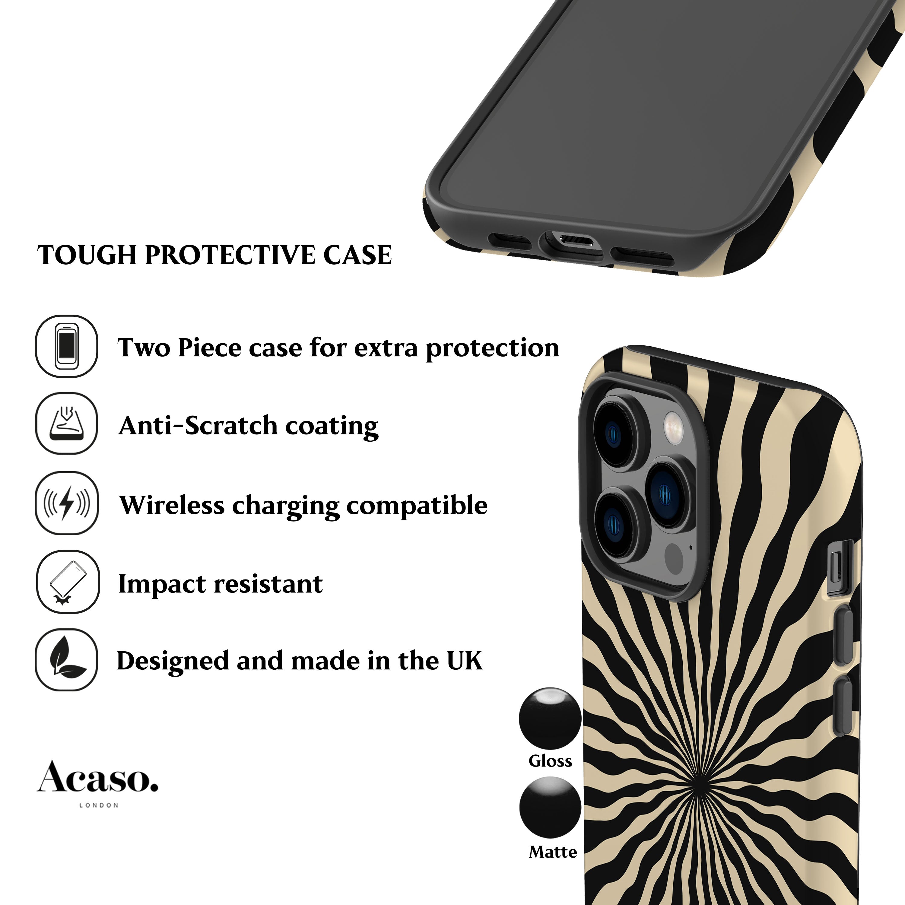The image is a collage of two images, one showing the top half of a phone case and the other showing the bottom half of the same phone case. The collage focuses on the design and features of the phone case, without providing detailed descriptions of each individual element.