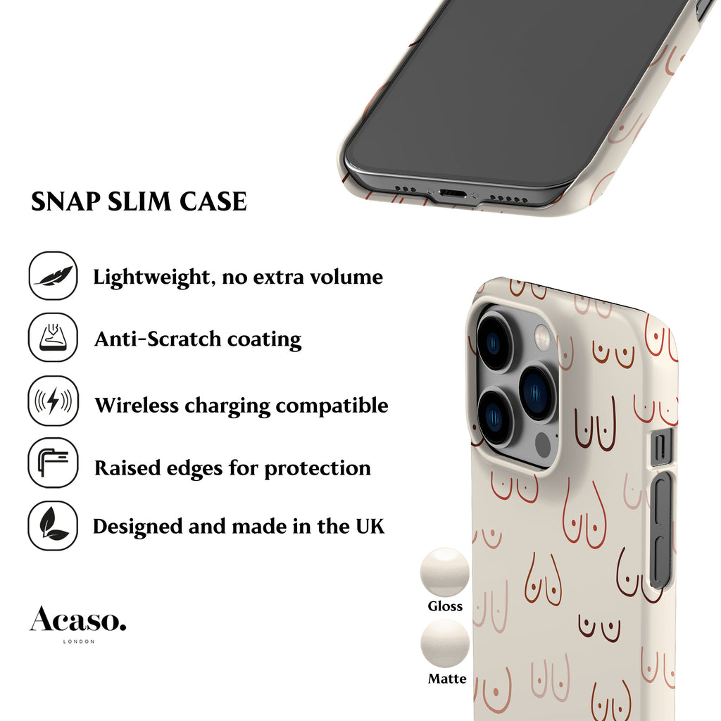 The image is a product image for a Snap Slim Case designed for an iPhone. It features a close-up view of the case and a full-body view of the phone case. The case has a design with a pattern of red and white breasts on a white background. The image includes text describing the features of the case, such as its lightweight design, anti-scratch coating, wireless charging compatibility, raised edges for protection, and that it is designed and made in the UK.