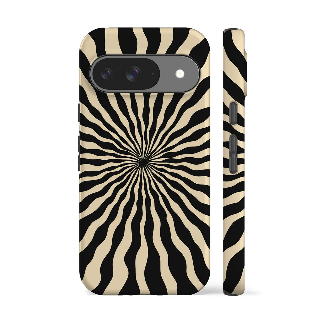 a phone case with a black and white zebra-like design, with a camera lens and flash visible on the back of the case.