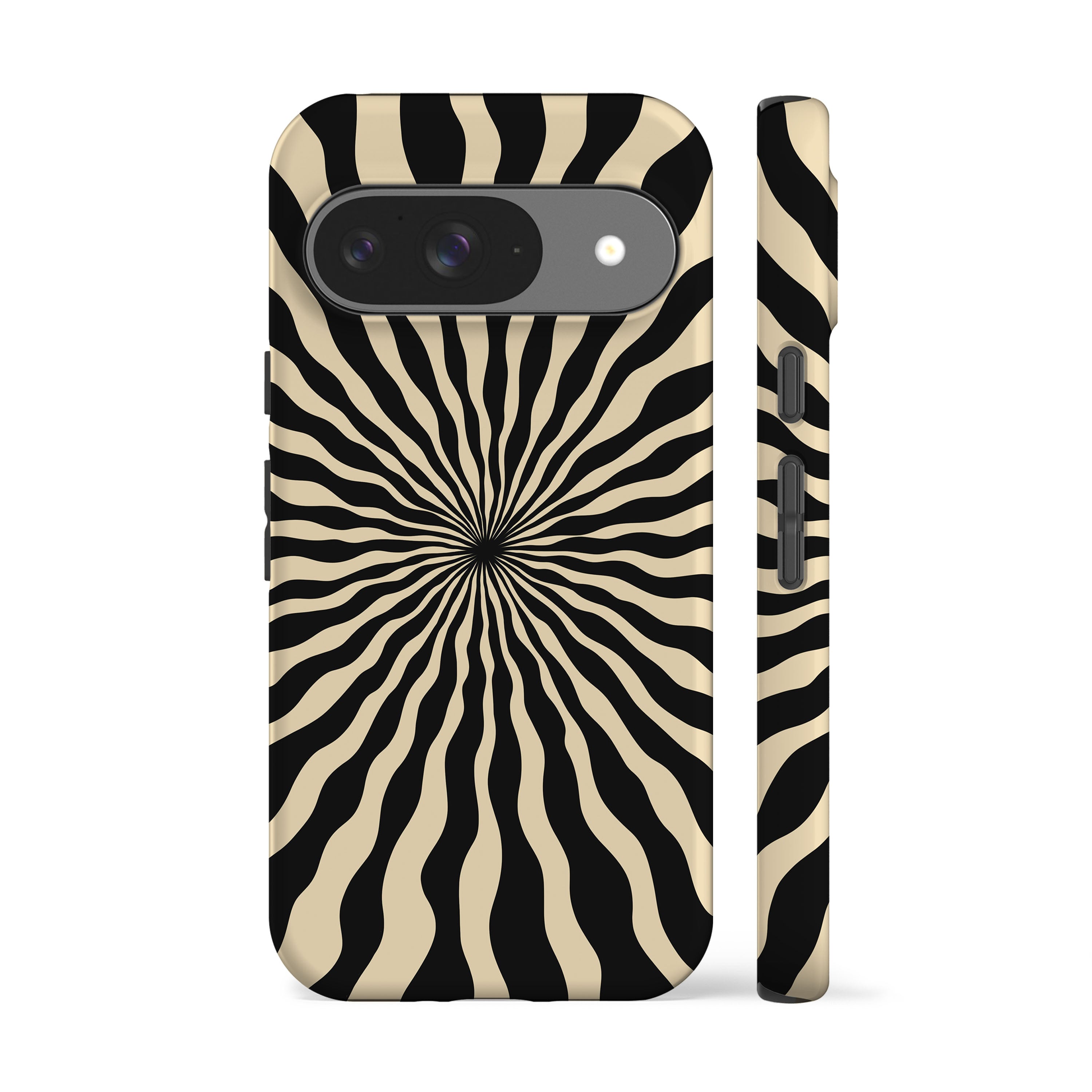 a phone case with a black and white zebra-like design, with a camera lens and flash visible on the back of the case.