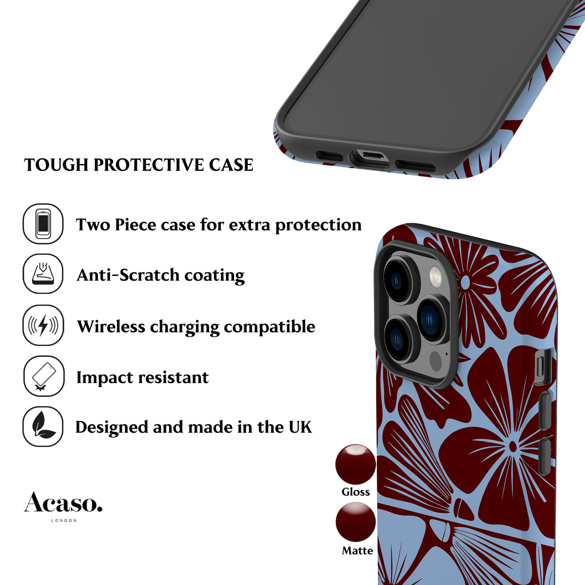Blue Maroon Flowers Phone Case