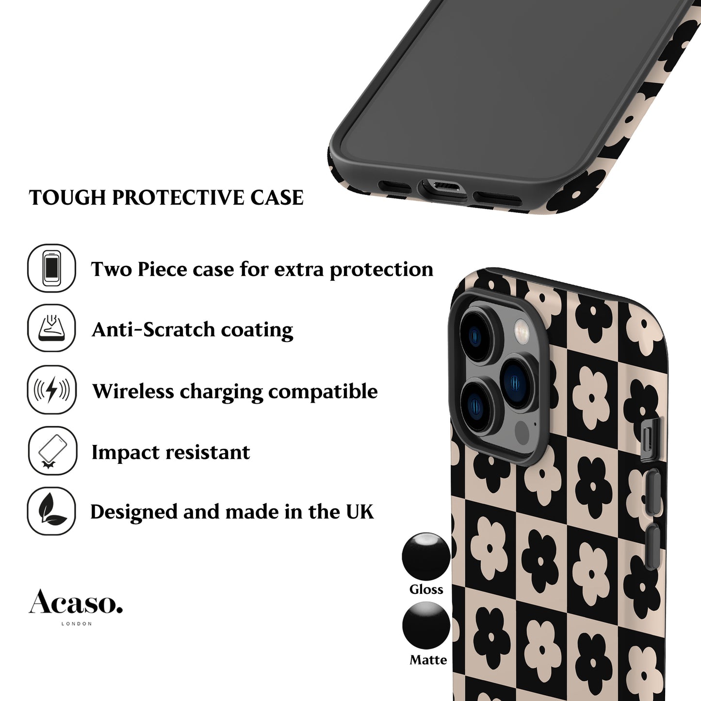 Floral Checkers Black Phone Case