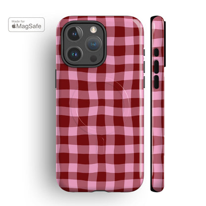 Pink Maroon Plaid MagSafe iPhone Case