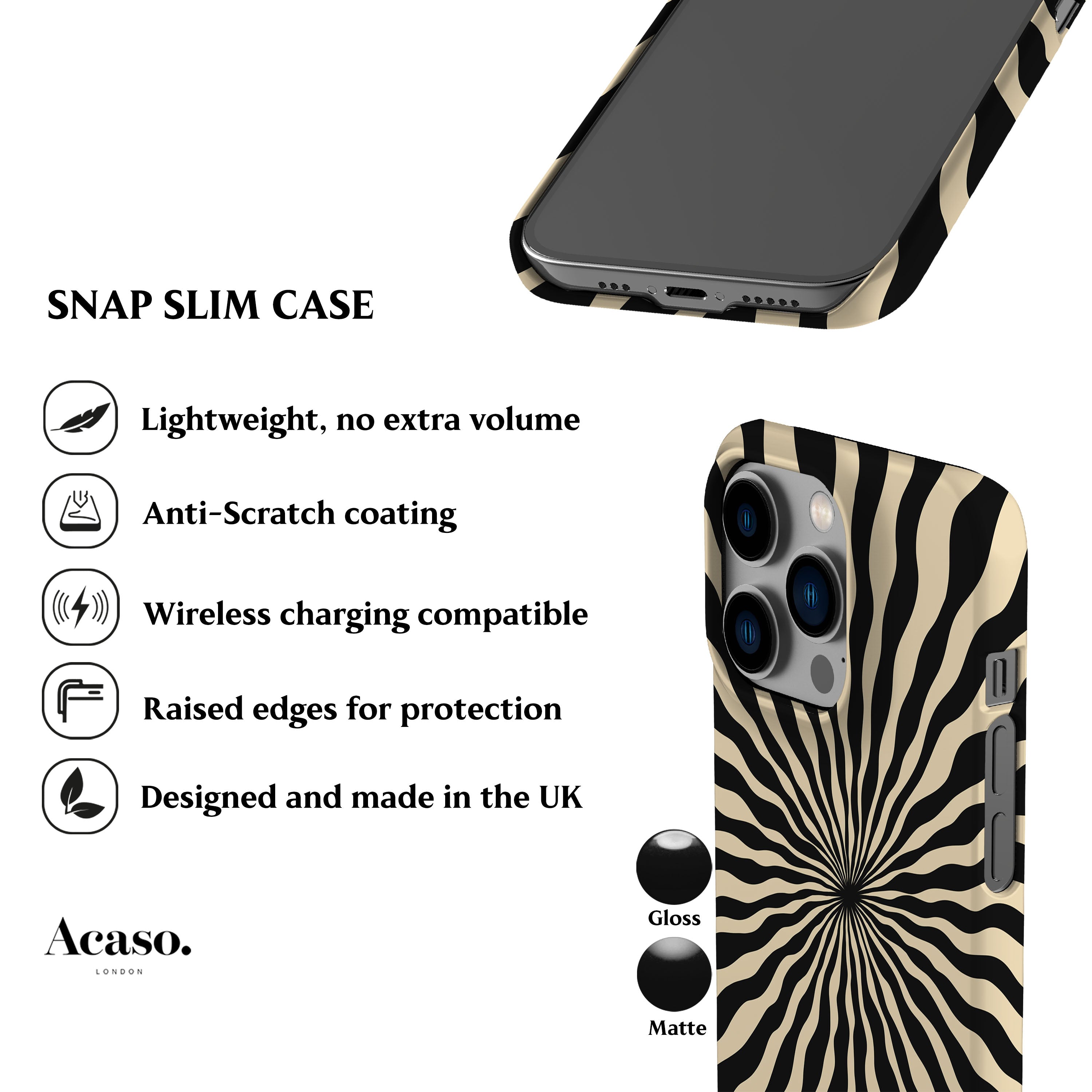 a smartphone case with a zebra print design. The case is described as a "SNAP SLIM CASE" and has a lightweight, anti-scratch coating, wireless charging compatibility, raised edges for protection, and is designed and made in the UK.