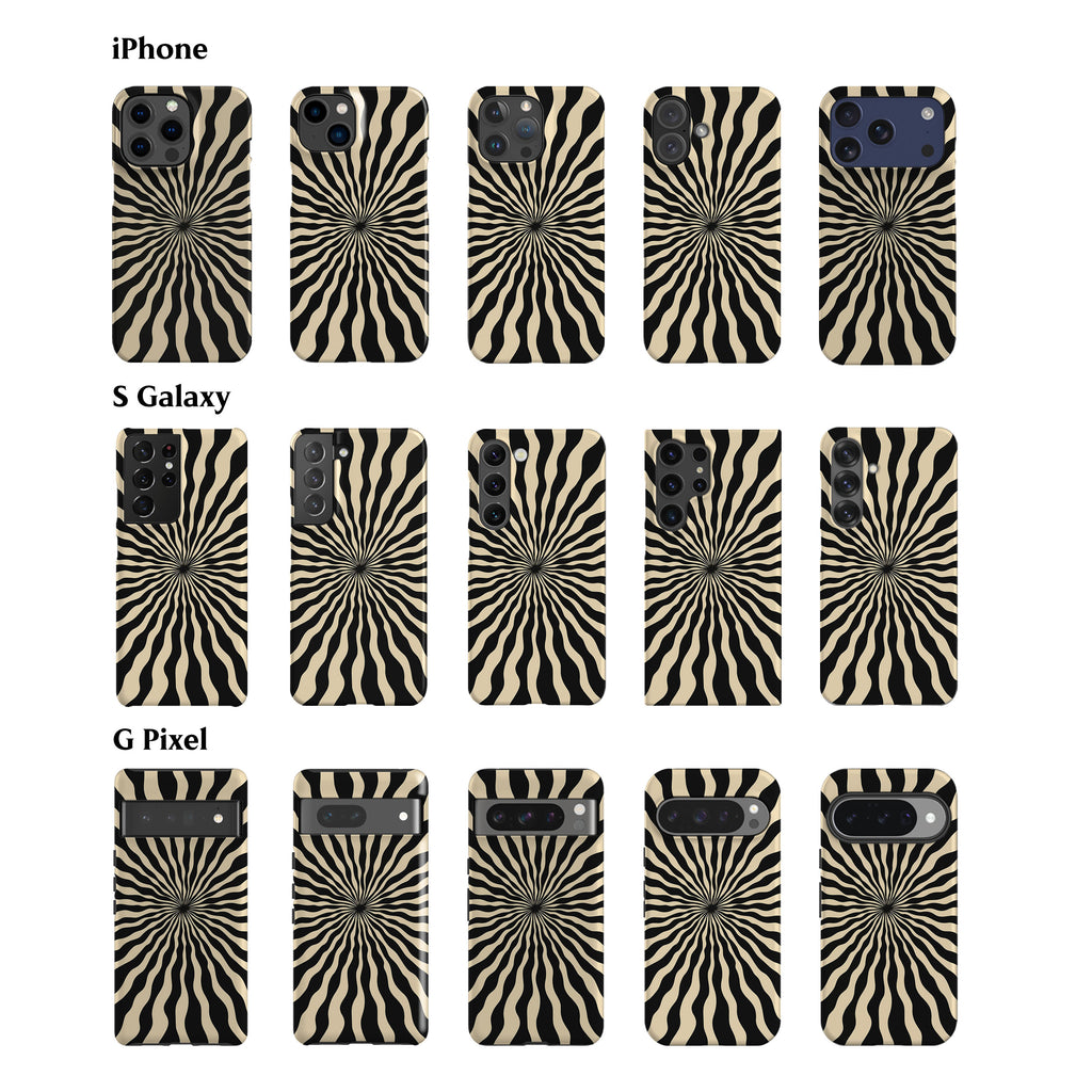 a collection of 12 phone cases with a zebra-like pattern, featuring a mix of iPhone and Samsung models.