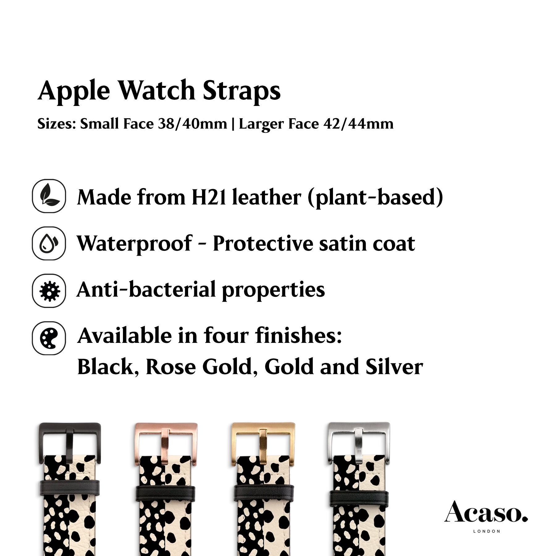 four apple watch straps with different patterns and colors