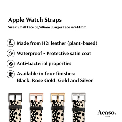 four apple watch straps with different patterns and colors