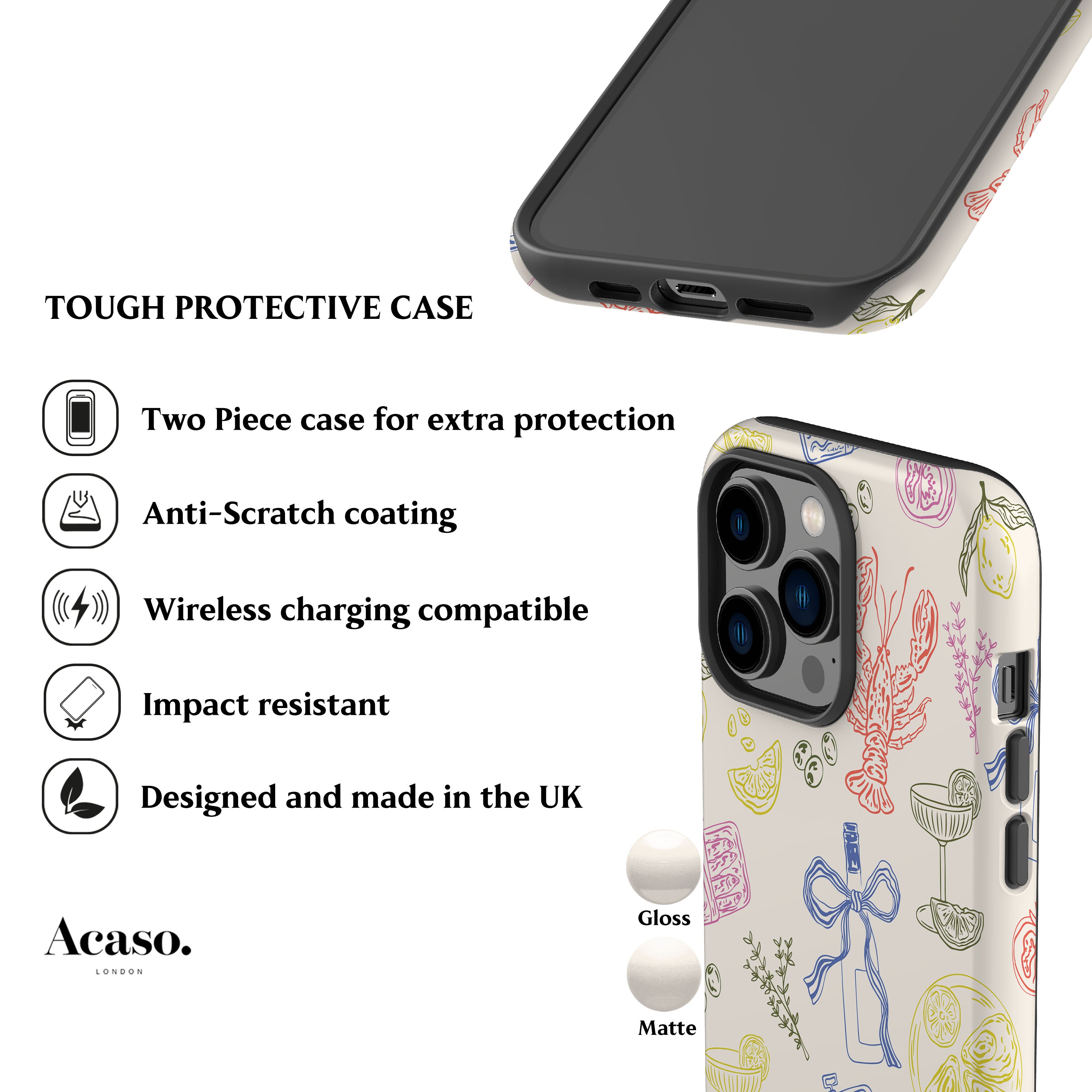 The image is a collage of two images. The top image shows a close-up of a phone case, while the bottom image features a close-up of a phone case with a colorful design. The image does not contain any text.