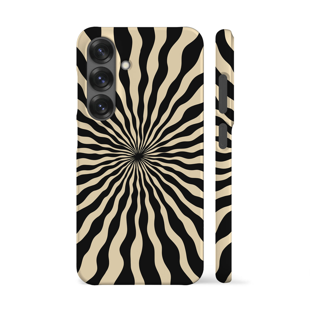 a phone case with a black and white zebra-like design, with a central black and white spiral pattern radiating outward from the center.