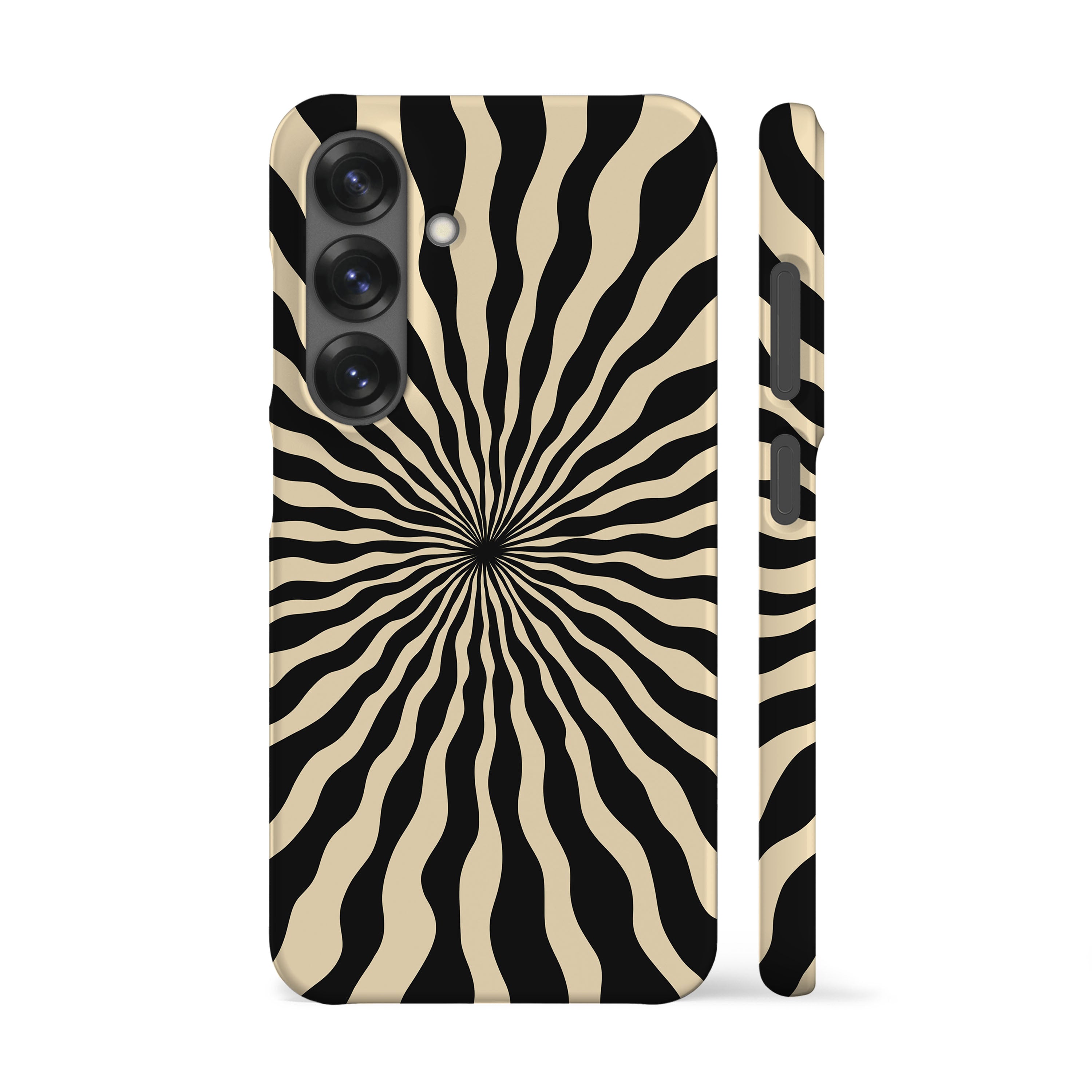 a phone case with a black and white zebra-like design, with a central black and white spiral pattern radiating outward from the center.