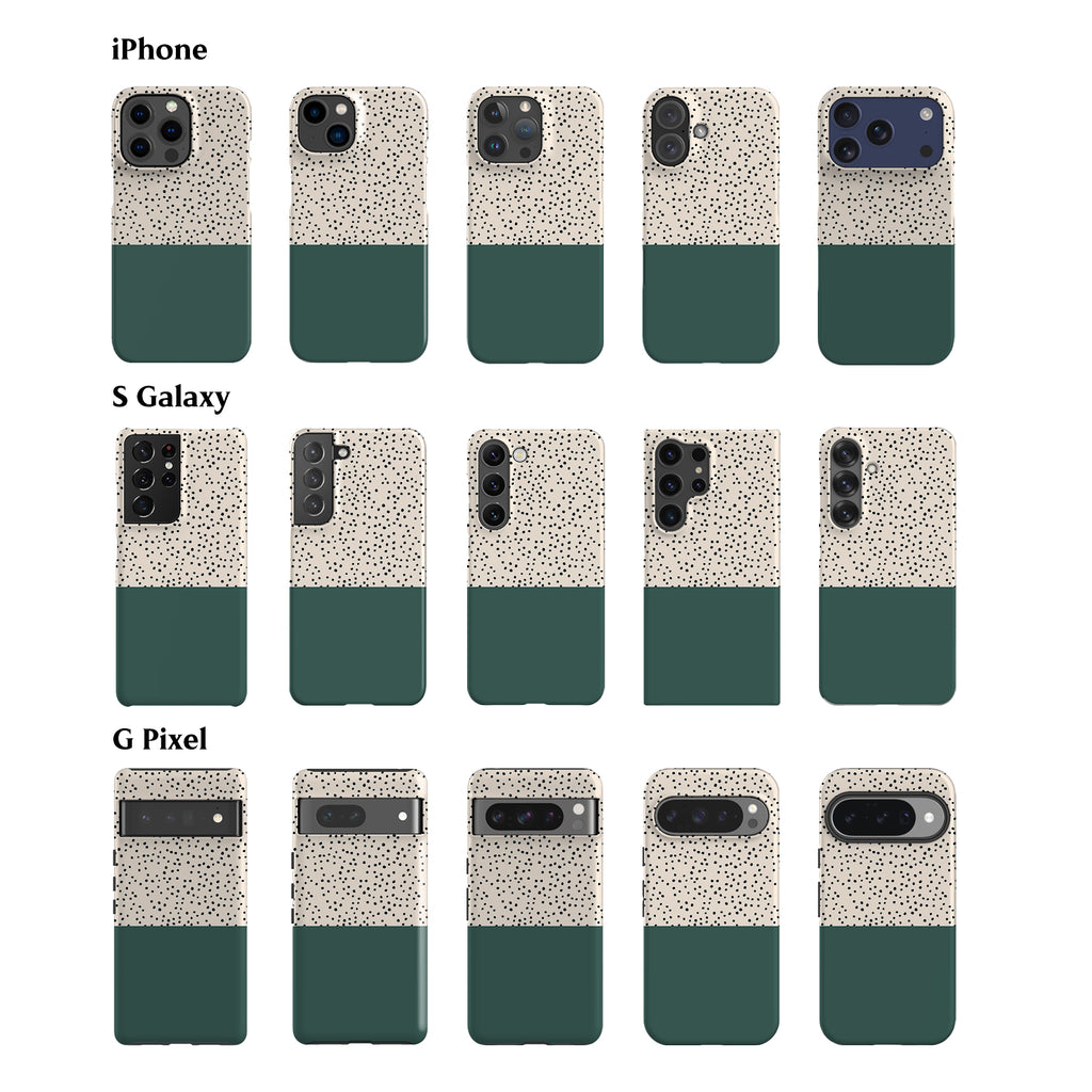 a collection of 12 different phone cases, each with a unique design and color scheme. The cases are arranged in a grid format, with 4 rows and 3 columns. The cases feature a variety of colors, including green, white, and black, as well as different patterns and textures. The image does not contain any text, and the descriptions provided are concise and focused on the visual aspects of the cases.