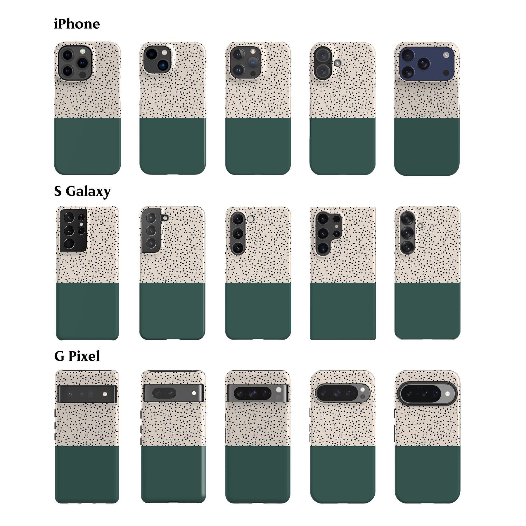 a collection of 12 different phone cases, each with a unique design and color scheme. The cases are arranged in a grid format, with 4 rows and 3 columns. The cases feature a variety of colors, including green, white, and black, as well as different patterns and textures. The image does not contain any text, and the descriptions provided are concise and focused on the visual aspects of the cases.