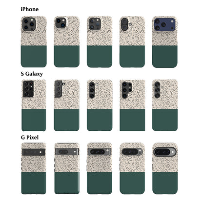 a collection of 12 different phone cases, each with a unique design and color scheme. The cases are arranged in a grid format, with 4 rows and 3 columns. The cases feature a variety of colors, including green, white, and black, as well as different patterns and textures. The image does not contain any text, and the descriptions provided are concise and focused on the visual aspects of the cases.