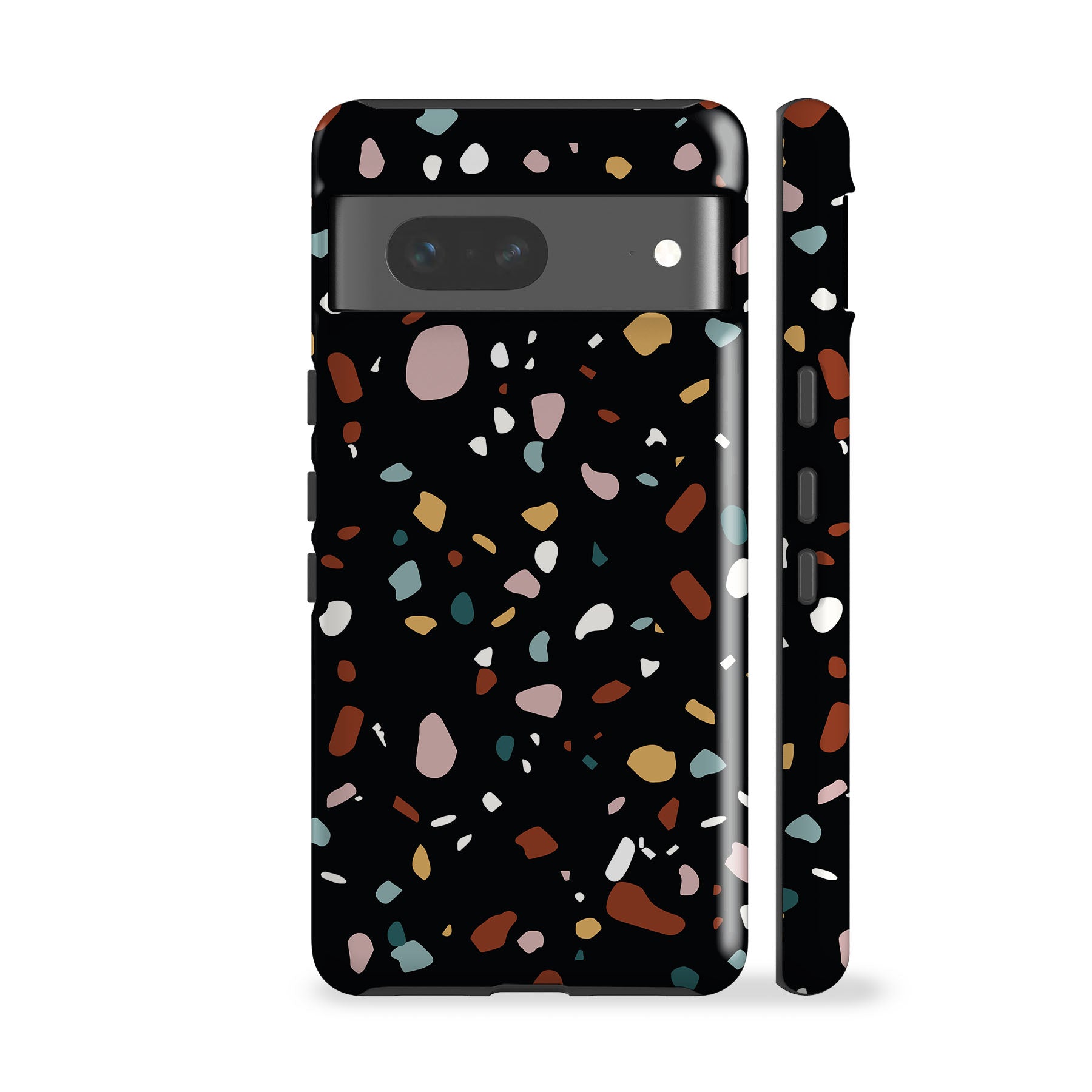 a black phone case with a multicolored sprinkle pattern