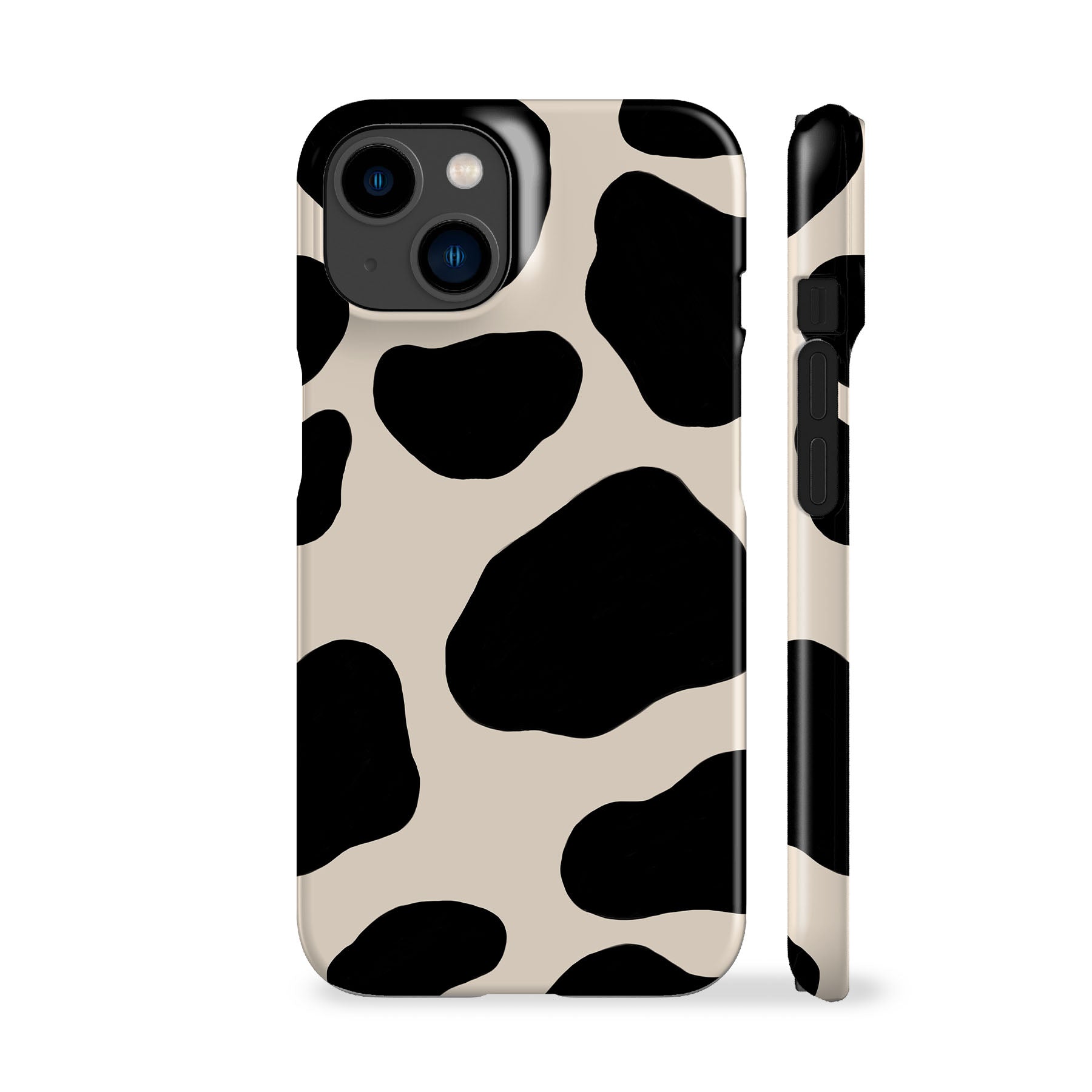 a phone case with a black and white cow pattern